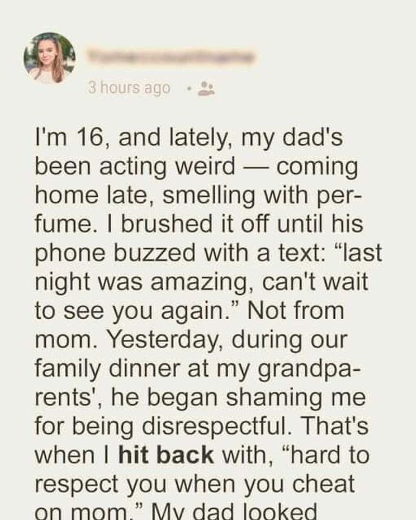 After girl learns her father is having an affair, she exposes him in front of the entire family